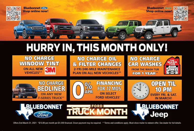 Bluebonnet Ford and Bluebonnet Jeep direct mail piece: Hurry In, This Month Only