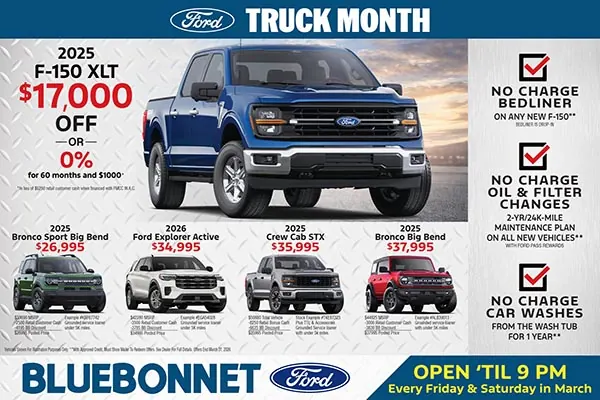 Bluebonnet Ford Truck Month direct mail piece featuring the F-150 XLT