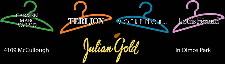 Julian Gold advertisement featuring designer names on hangers, 4109 McCullough in Olmos Park